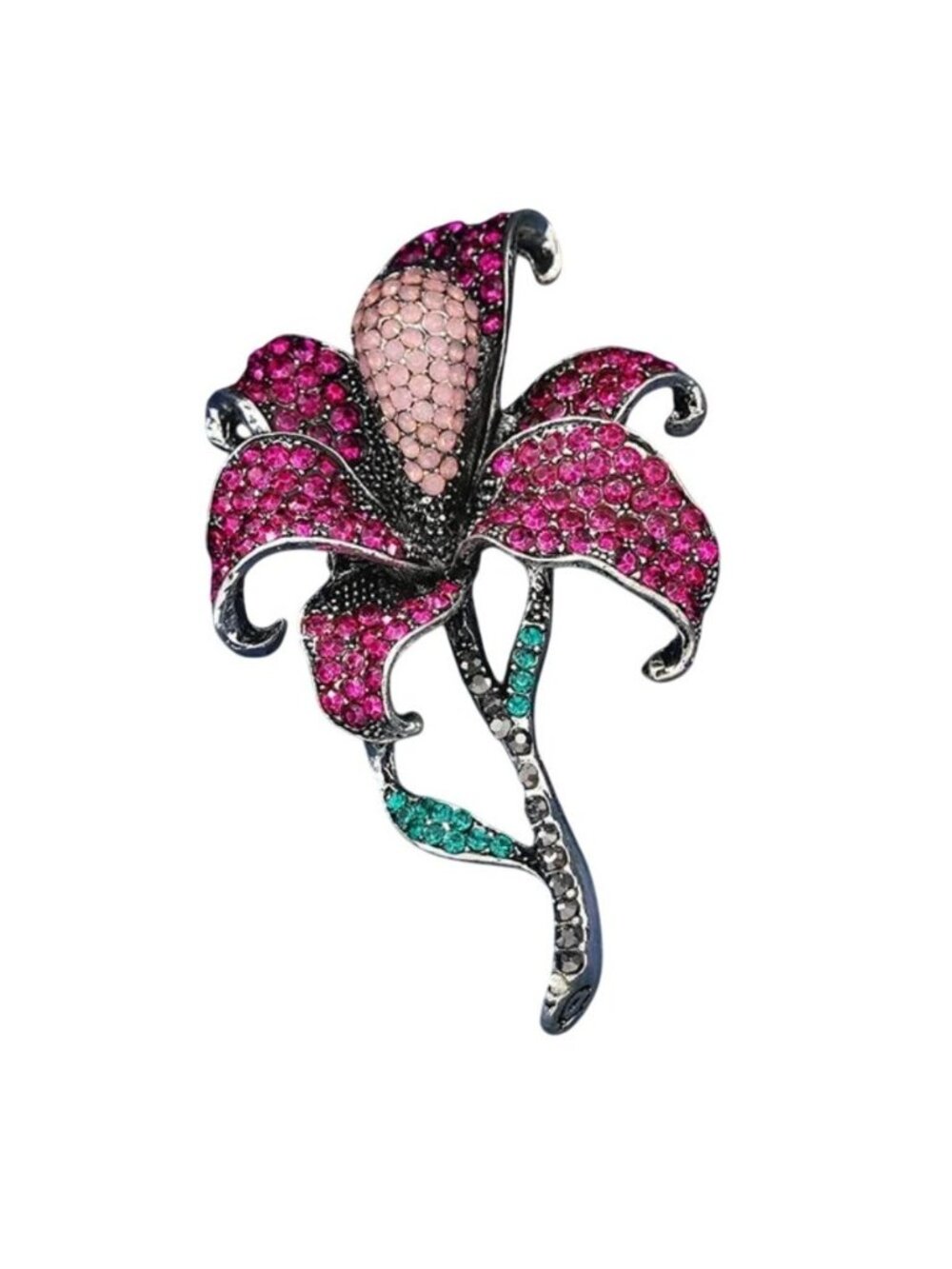 Bright Pink Flower Brooch with Crystals Silver Tone